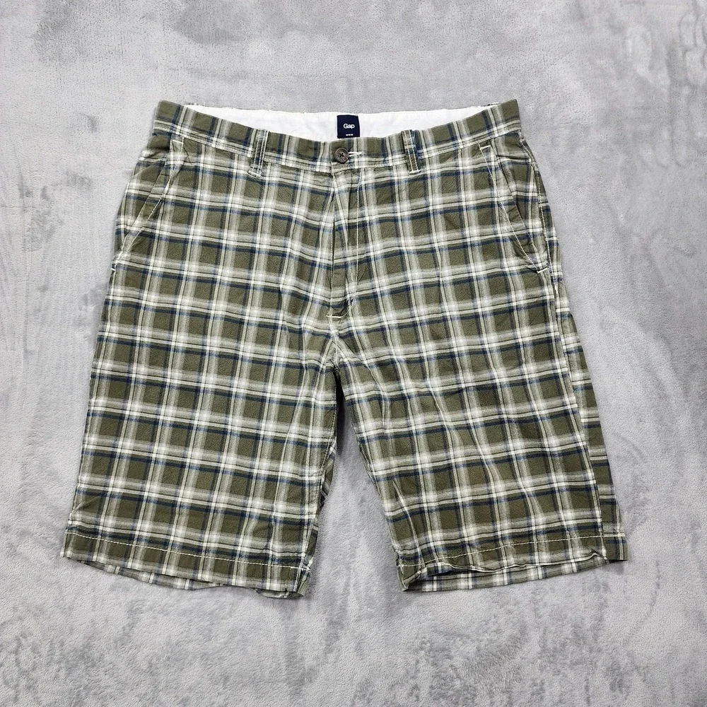 Gap Shorts Mens 35 Green Plaid Chino 10 Inseam Flat Front Casual Summer Preppy